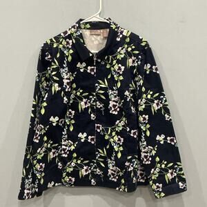 Chicos Womens Full Zip Cotton Jacket Size 3 XL Navy Blue Floral Cottagecore Work